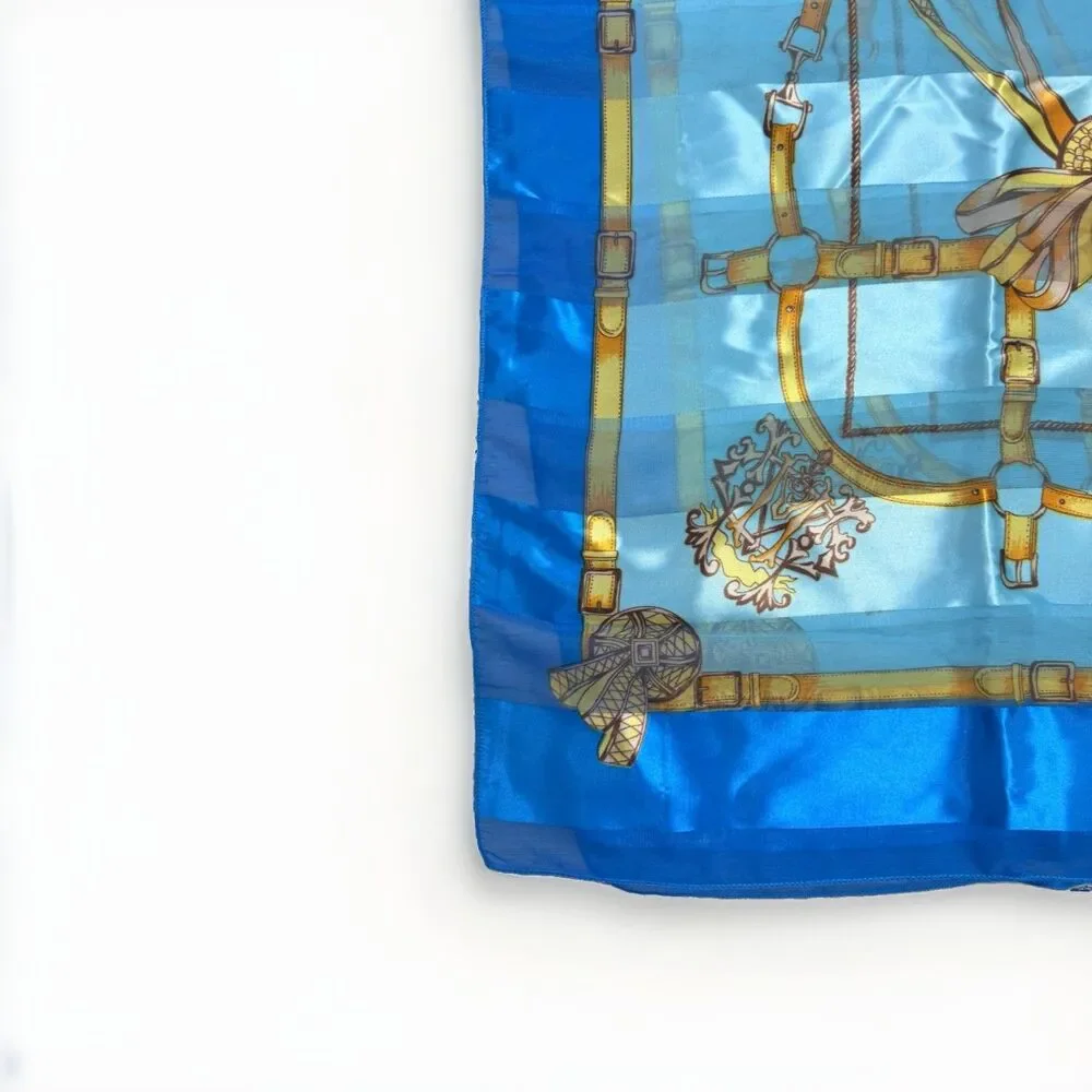 Vintage Korean Blue Equestrian Scarf 40” Square Gold Bridle Chain Print